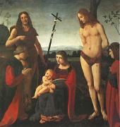 BOLTRAFFIO, Giovanni Antonio The Virgin and Child with Saints John the Baptist and Sebastian Between Two Donors (mk05) china oil painting reproduction